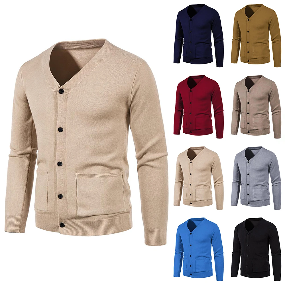 

Мужской однотонный кардиган с V-образным вырезом, на пуговицах