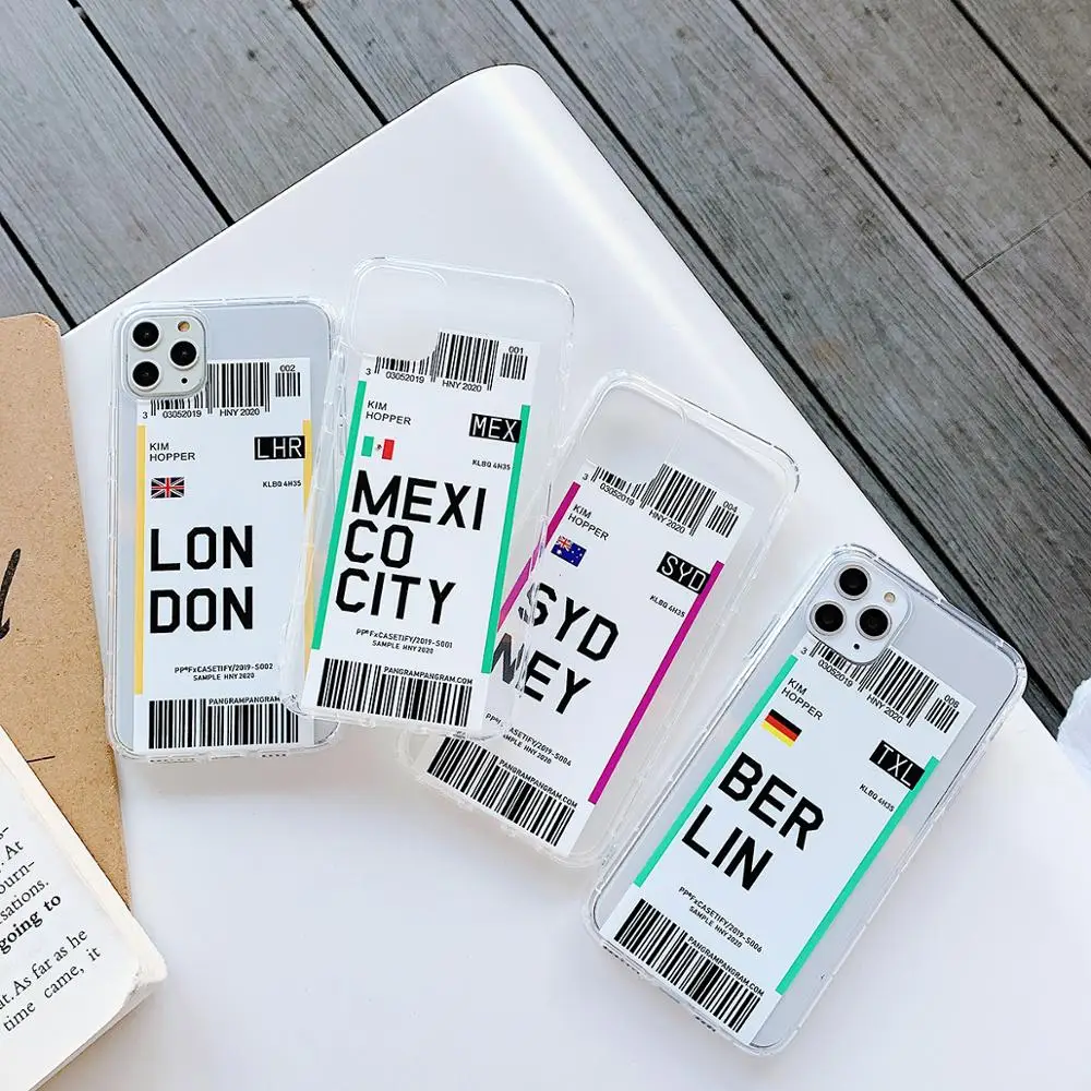 Чехол для метки авиабилета для iPhone 12 Mini 11 Pro X XS MAX 7 8 6 s Plus XR Luxury Anti-Fall World City Bar Code Soft Cover.