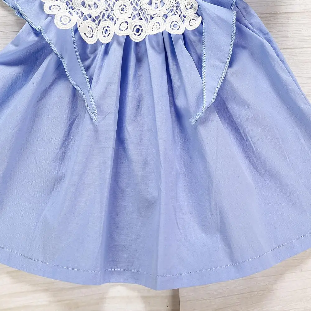 

Spring/Summer 2020 Blue Girls Dress With Lotus Leaf Sleeve Lace Cotton Children A-line Dresses For Party vestidos