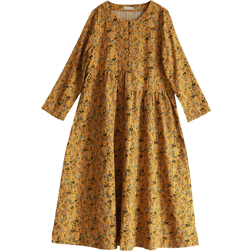 

Long Sleeve Maxi Dress For Women Spring Autumn Cotton Floral Robe Femme Front Buttons Long Shirt Dress With Pockets