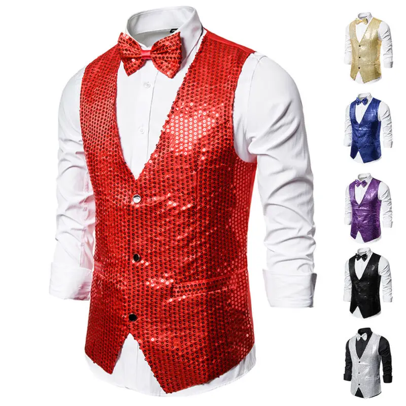 2019 Men Shiny Sequin Glitter Embellished Blazer Jacket Vests With Bow Tie Nightclub Evening Party Suits | Мужская одежда