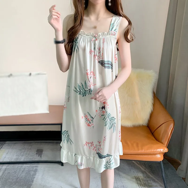 Ночная сорочка женская на бретельках пикантная Милая Домашняя одежда с милым