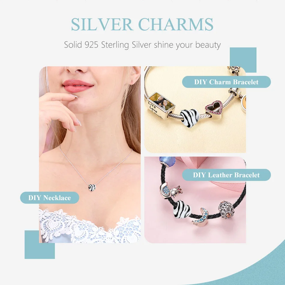 

BELAWANG Cute 925 Sterling Silver Zebra Stripes Beads Charm fit Bracelet Necklace DIY Jewelry Bracelet Accessories Party Gift