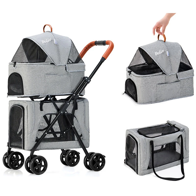 Pet Cat Stroller Folding Double-layer Newborn Baby Stroller Dog Pull Cart Four-wheel Shock Dog Transporter Carrier Dog Travel