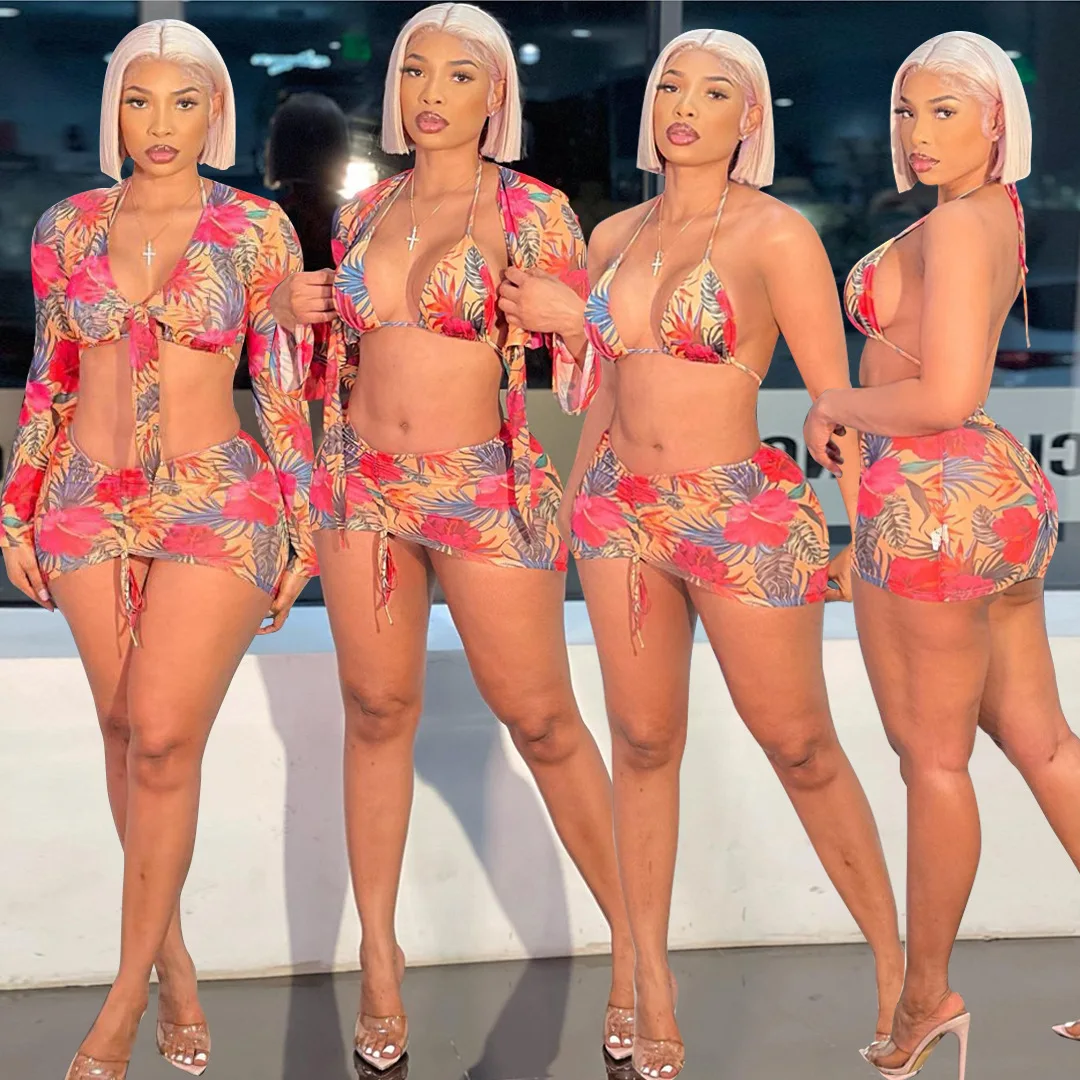 

Echoine Beach Bikini Set 4 Piece Set Floral Print Outwear Mini Skirt Sexy Bra Suit Holidays Bodycon Swimwear Swimsuit Summer