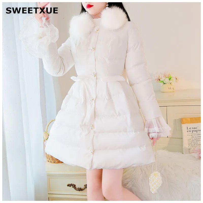 Красное Хлопковое платье SWEETXUE однобортное милое рождественское с кружевными