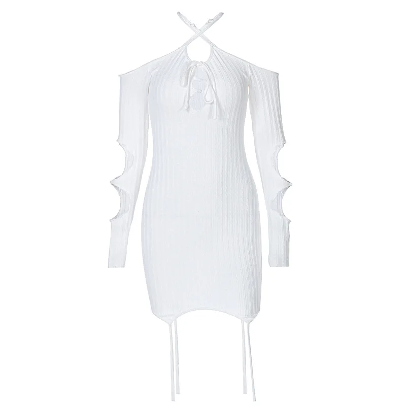 

Nice Spring Fall Women Pop 100% Cotton Fashion Hollow Out Bow Sexy Tight Buttock Dress Solid Color Hanging Neck Bandage Dresses