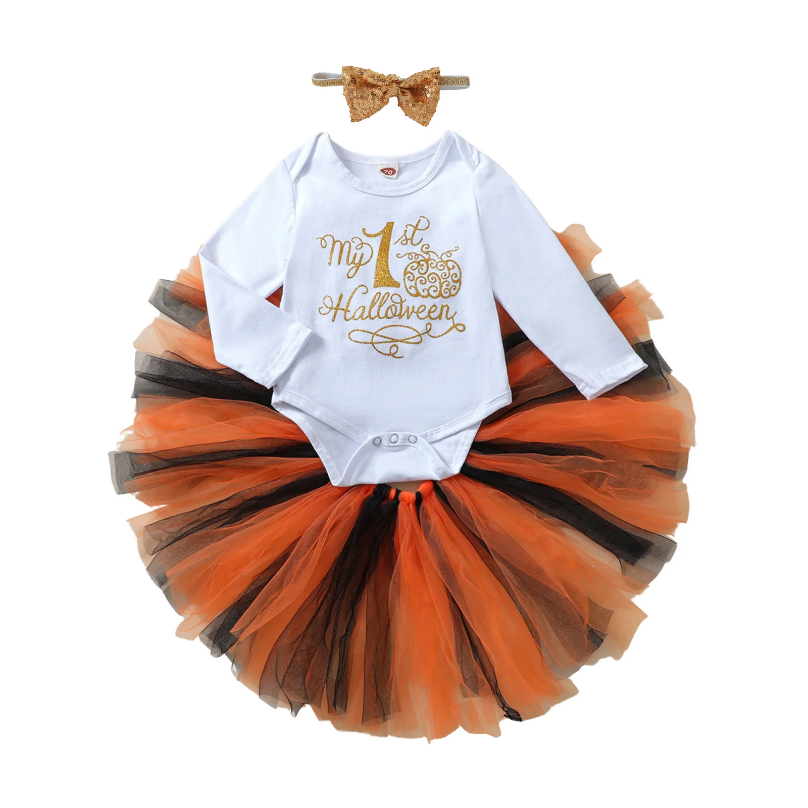 

Toddler Halloween Outfits, Letter Print O-Neck Long Sleeves Romper + Tutu Skirt + Headband for Girls 3Pcs, 0-18 Months