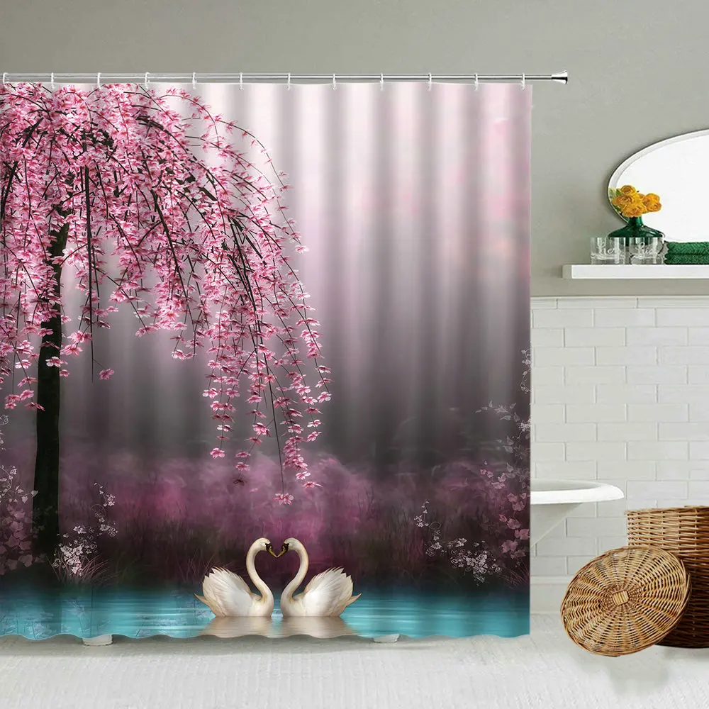 

Занавеска для душа в романтическом стиле с изображением лебедя озера цветов Дерева