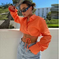 nadafair white waist tie bandage sexy blouses women za autumn new turn down collar shirts long sleeve chic cropped tops 2021