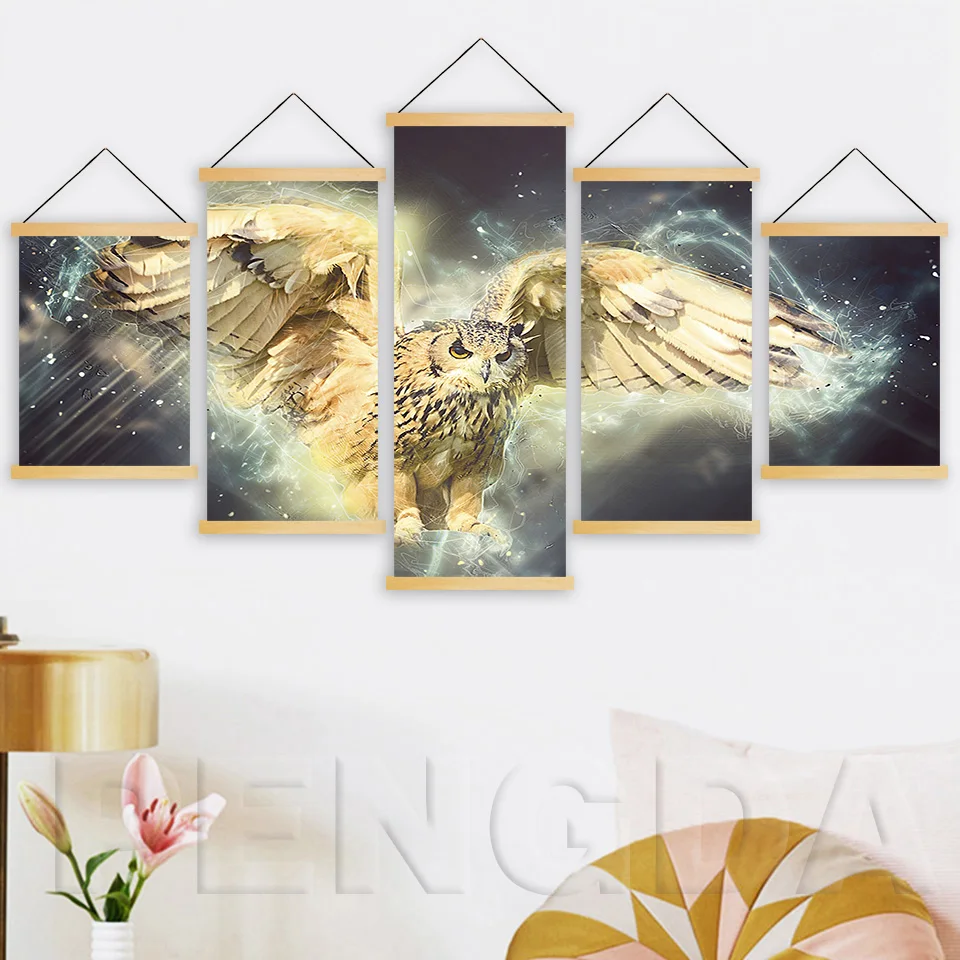 

Wall Artwork Canvas Print Painting 5 Piece Animal Owl Pictures Poster Solid Wood Hanging Scrolls Home Decoration For Living Room