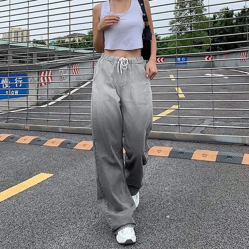 B-TOTO American Retro Gray Gradient Wide-leg Pants Trendy Ins Women's Loose Mopping Jeans 2021 New Fashion