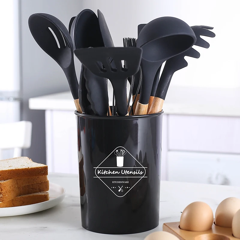 

Silicone Cooking Utensils Set Non-Stick Spatula Shovel Wooden Handle Kitchenware with Storage Box 9/12Pcs Kitchen Accessories