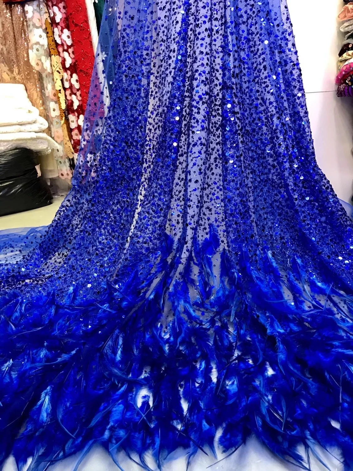 Новейшее элегантное благородное голубое перьевое кружево с блестками 2020 высокое