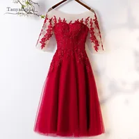 Half Sleeves Bridesmaid Dresses Red Knee Length Tulle Robe Demoiselle D'honneur Lace Appliques Bridesmaid Dress Gown JQ724