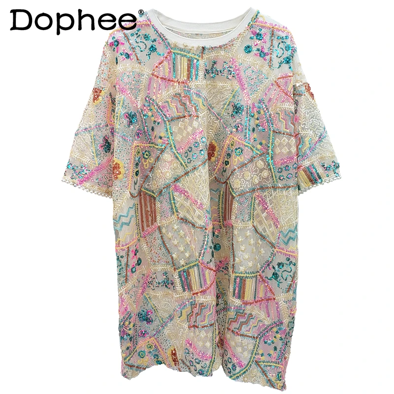 

Diamond Color Sequined Short-Sleeved T-shirt for Women New Fashion Loose Tshirt Round Neck Plus Size Short-Sleeved T-shirt
