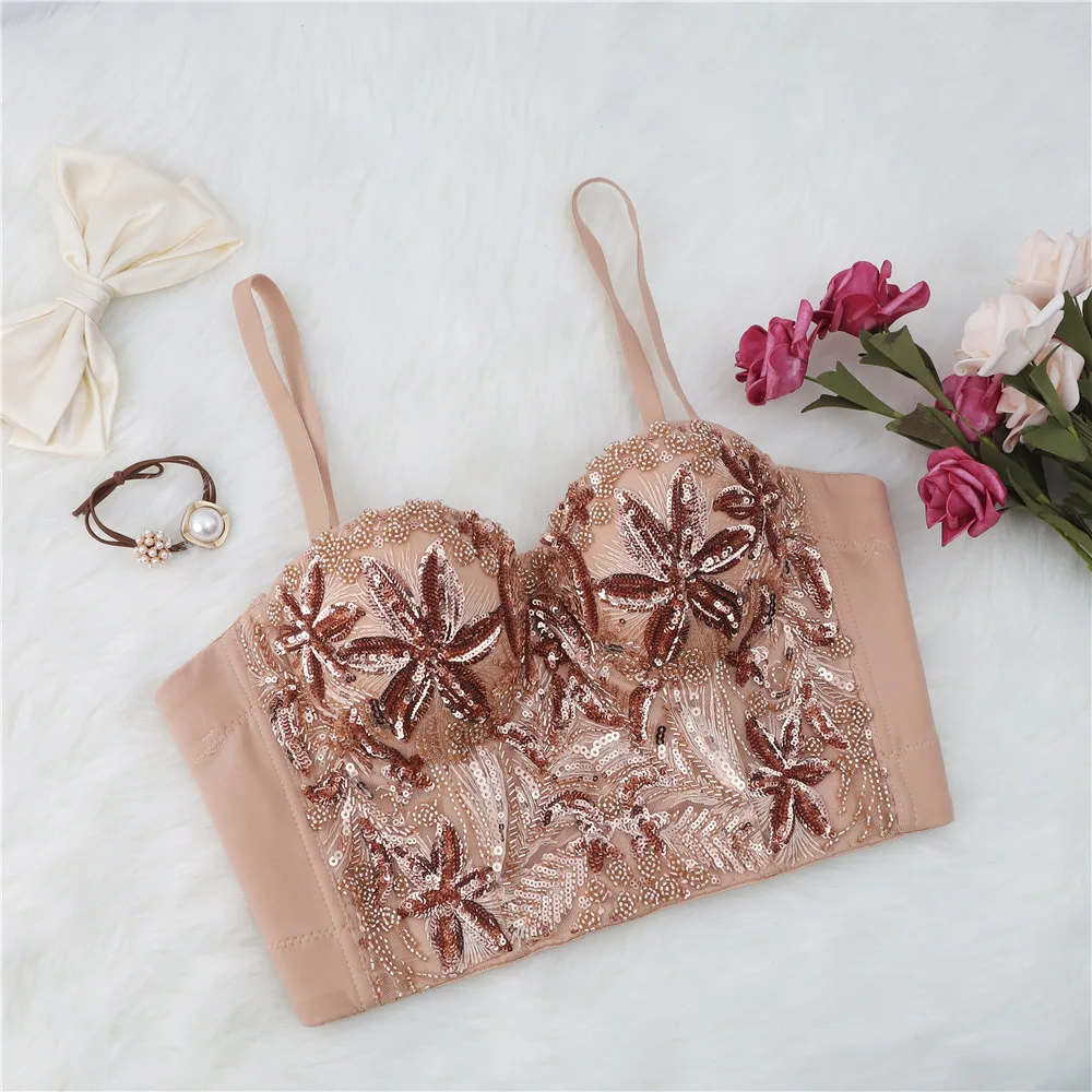 

A1037 Fashion Outerwear Underwear Beaded Sequin Camisole Women Evening Vest Bustier Corset Femm Sexy Crop Tops