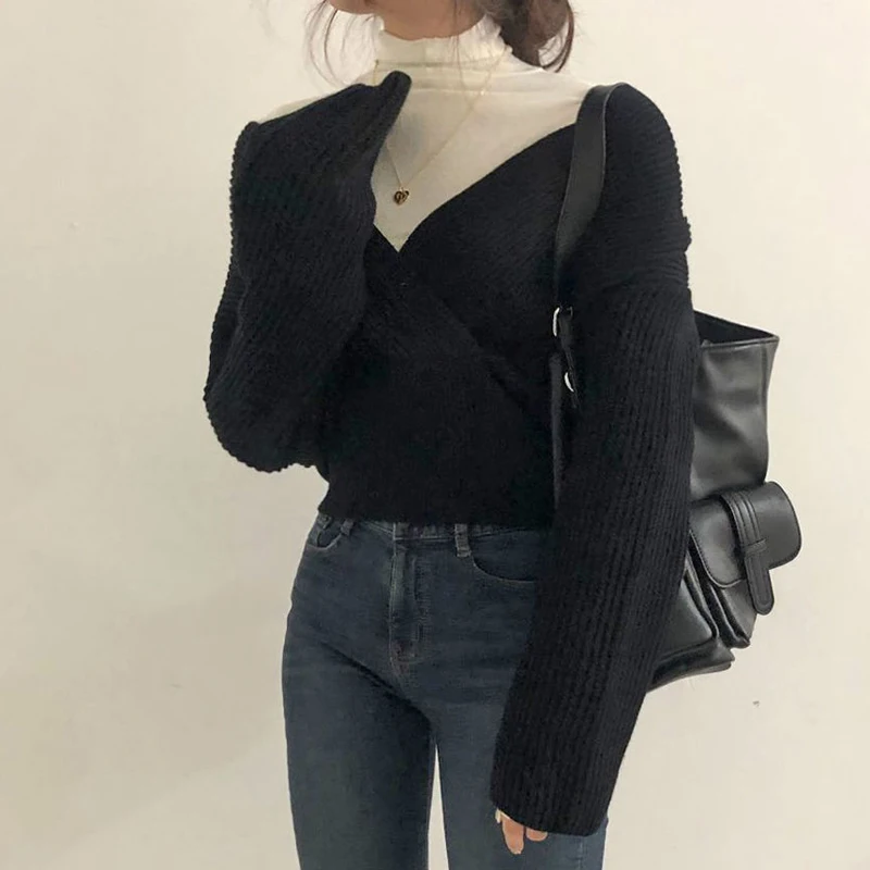 Mozuleva Sexy Fashion V-neck Cross Women Knitted Sweater Winter Loose Warm Female Pullovers Jumpers Knit Tops Short | Женская одежда