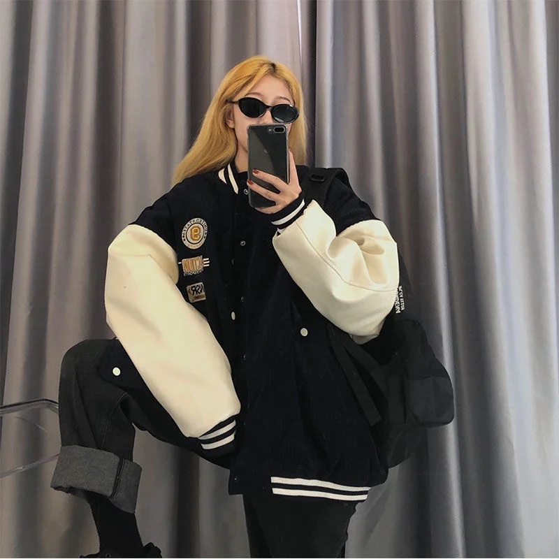 

Contrasting Color Stitching Baseball Uniform Women Couple Students 2021 Spring Autumn New Retro Jacket Corduroy Coat Tide 31