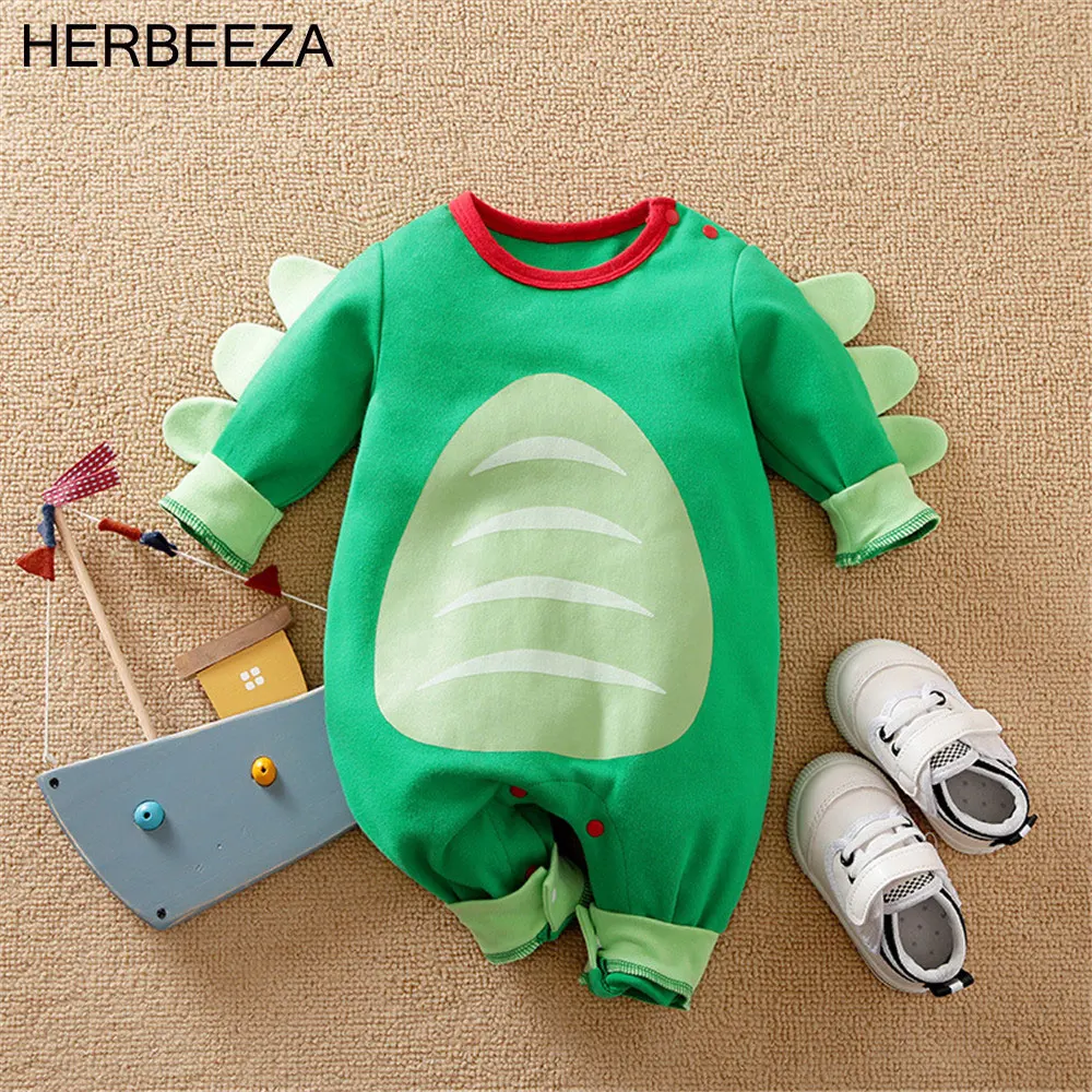 HERBEEZA Cartoon Dinosaur Babay Romper Newborn Boy Girls Clothes Infant Bobysuit Spring Cotton Costume Kids Jumpsuits Patchwork