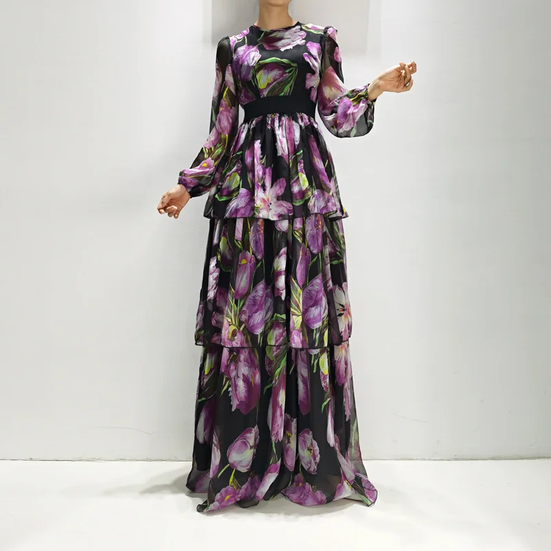 

Long Dress Autumn Bohemian Women'S Party Casual Long Sleeve Elegant Print Self-Cultivation Layered High Quality Chiffon Dresses
