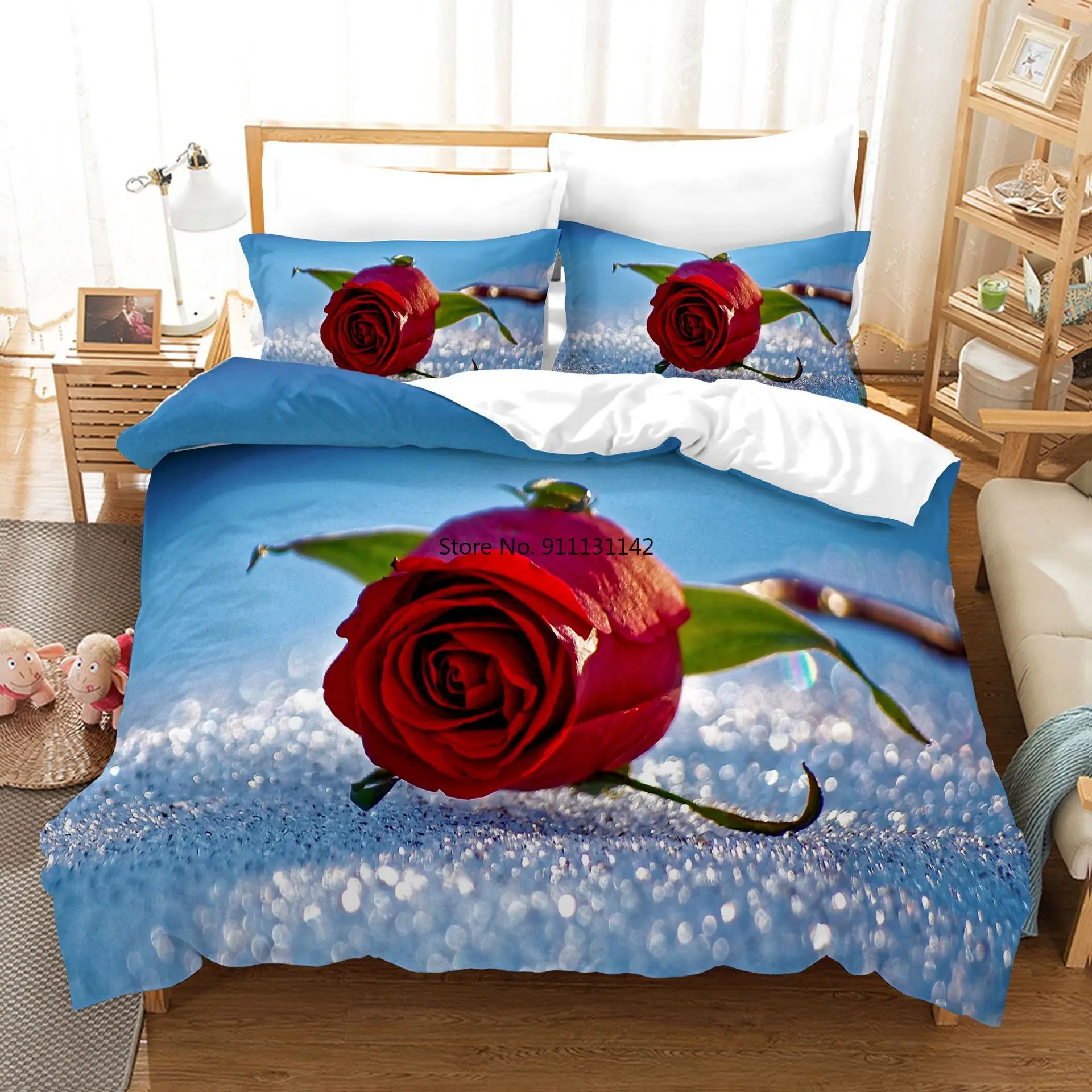 

Modern Flower Digital Printing Down Bed Cover Pillowcase Home Textile 3D Rose Pattern Bedroom Home Decoration Bedding Set