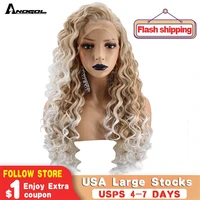 anogol high temperature fiber natural long kinky curly ombre platinum blonde free part synthetic lace front wig for women