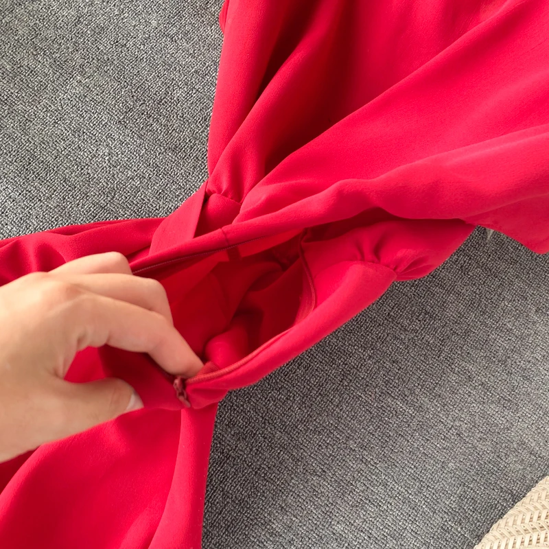 

Summer Short Sleeve V-neck Sashes Women Midi Dress Vintage Sashes Irregular Ruffle Khaki/Blue/Green Drawstring Dress Temperament