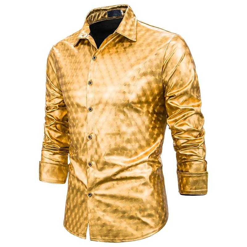 Мужская блестящая золотая рубашка в клетку для ночного клуба мужская новинка 2020