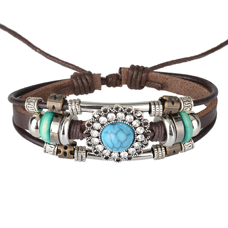 Кожаные браслеты красный бирюзой Многослойные тройной браслет из бисера для