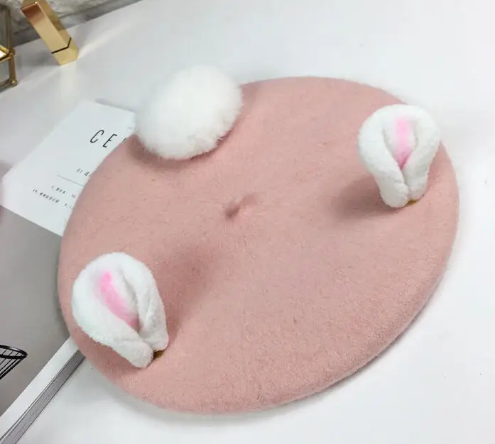 Handmade Wool Felt Berets Women Fashion Valentine's Day Gift Cute Rabbit Ears Winter Hat For Vintage Pink Caps | Аксессуары для