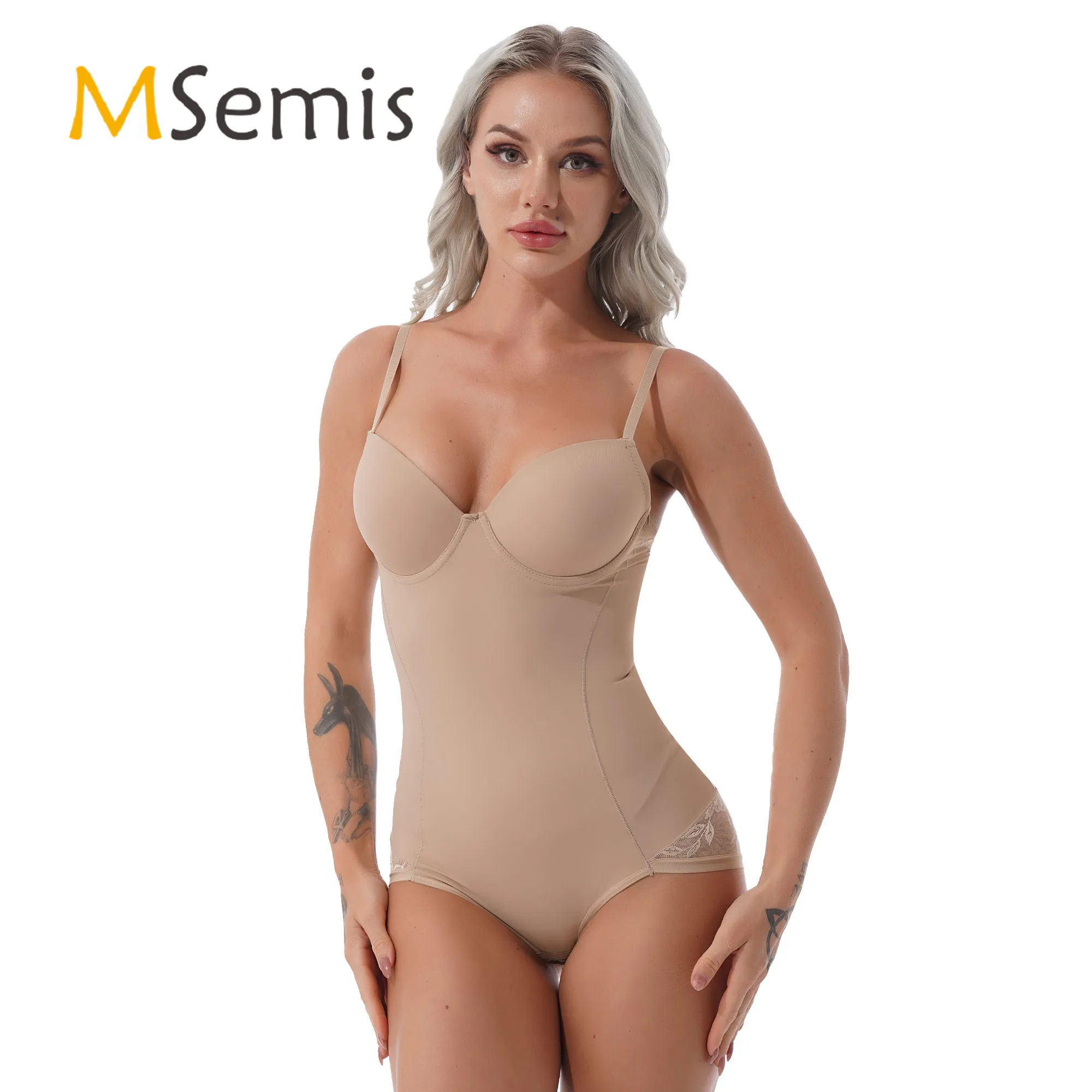 

Womens One-piece Slight Padded Jumpsuit Bodysuit Embroidered Mesh Patchwork Elastic Back Corset Bustier Corselet Body Shaper