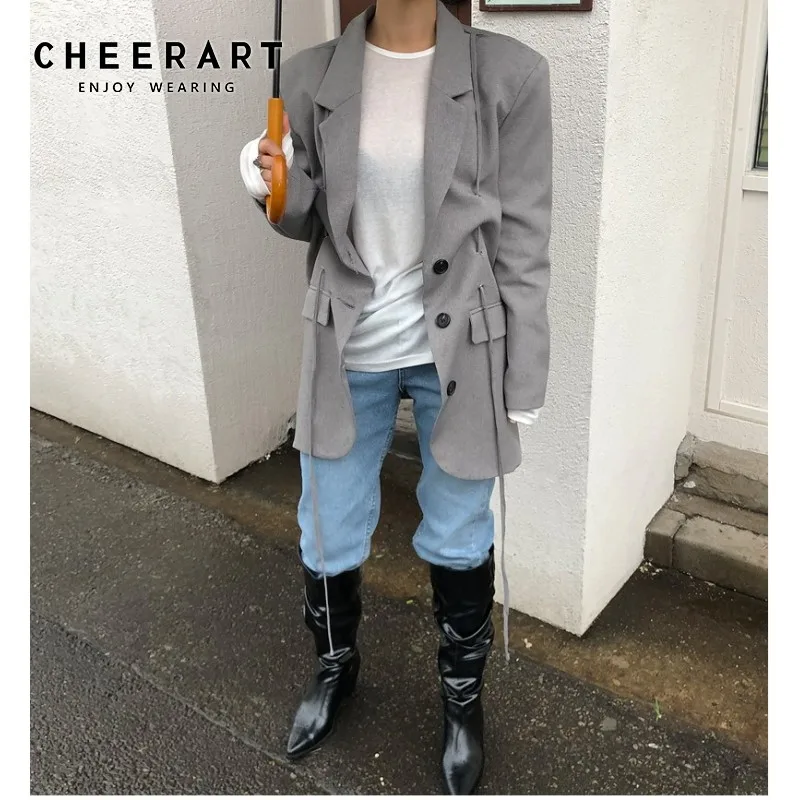 CHEERART Серый Блейзер дизайнерское пальто Женский Повседневный Длинный блейзер и