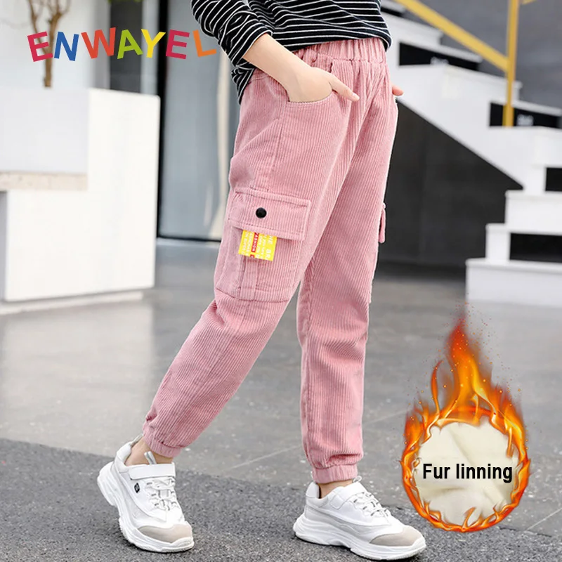 ENWAYEL детские брюки для девочек вельветовые длинные карго с меховой подкладкой и
