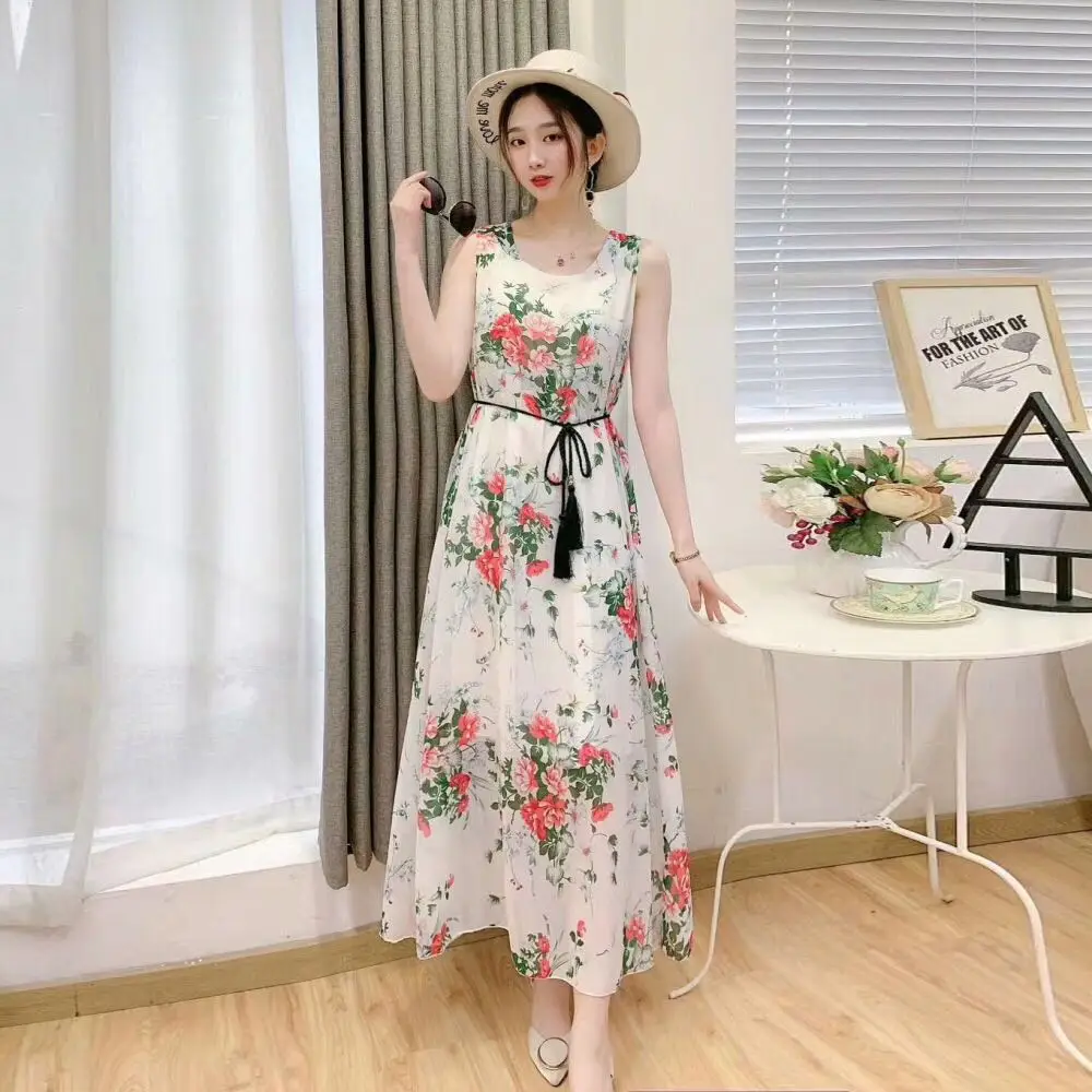Шифоновое платье без рукавов с цветочным рисунком для женщин Лето 2020 винтажные