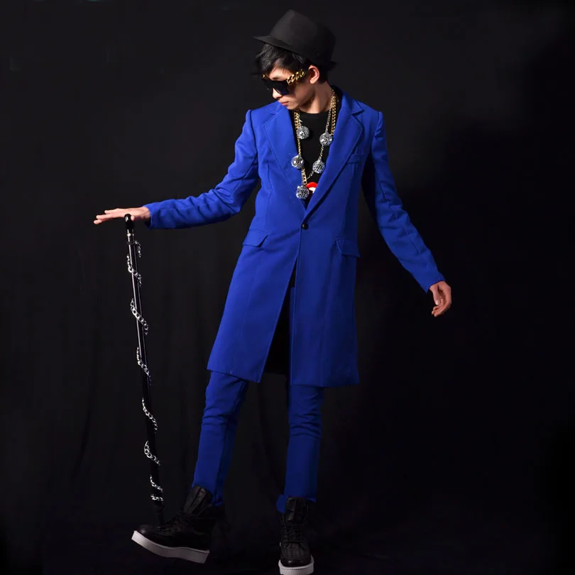 

Men 2 Pieces Suits Sets Slim Fit Blue Casual Suit Blazers Jacket Pant Male Streetwear Hip Hop Suits Stage Show Clothing Costumes