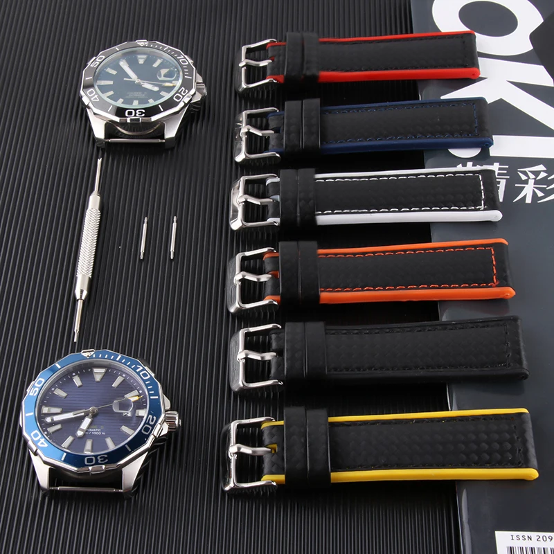 Carbon Fiber Rubber Watchband 22mm 20mm Black with White Red Blue Orange Yellow Line Strap For Men Women Watch Accessories Tools | Наручные