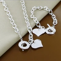 high quality 925 sterling silver heart shape pendant necklace bracelet jewelry sets for women men classic gift