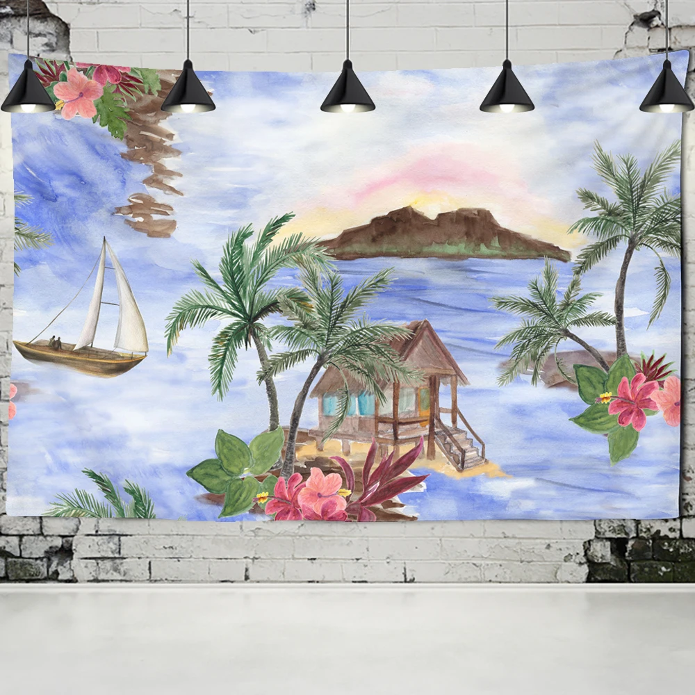 

Beach Scenery Tapestry Wall Hanging Oil Painting Flowers Coconut Tree Hawaii Bohemian Studio Living Room Home Decor