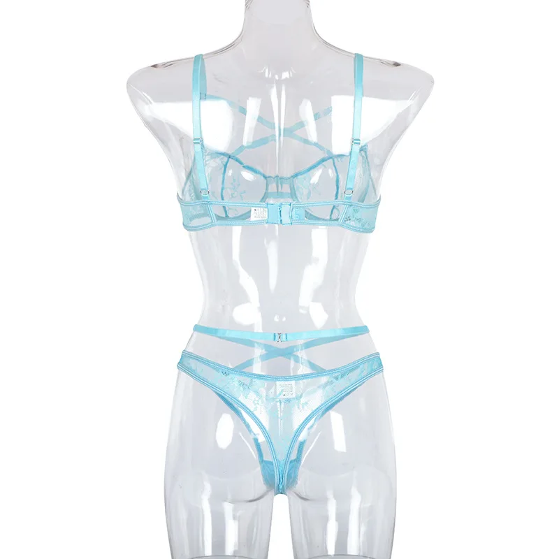 

Lingerie Set Women See Through Underwear Blue Femme Halter Lace Bralette Transparent Bra and Panties Nightwear Sexy Costume