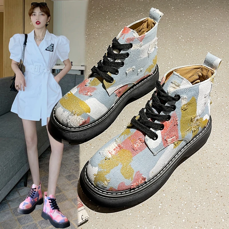 

Martin boots women 2021 new round toe lace-up boots fashion personality thick-soled British women