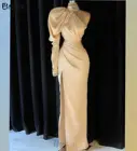 Женское вечернее платье с юбкой годе, элегантное бежевое атласное платье с одним открытым плечом и длинным рукавом, с высоким разрезом, для выпускного вечера