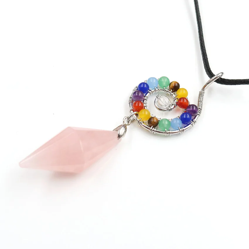 

FYSL Посеребренная спиральная Соединительная розовая кварцевая Пирамида подвеска веревочная цепочка ожерелье исцеляющая Чакра Ювелирные изделия