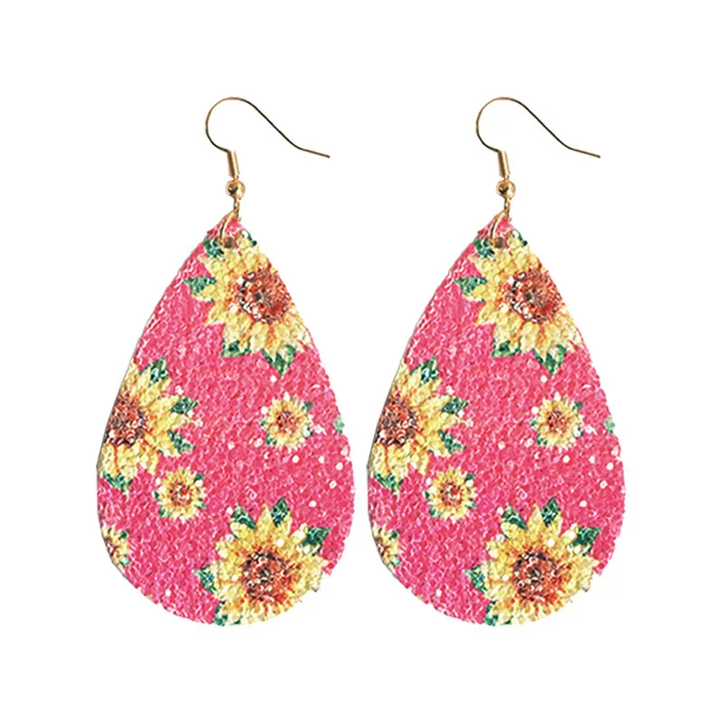 

Bright Colors Sunflower Floral Leather Teardrop Dangle Drop Earrings for Women Geometric Wood Jewelry