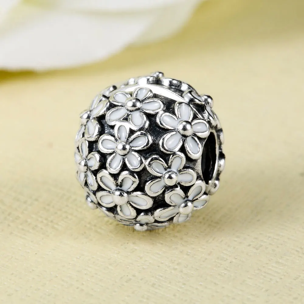 

925 Sterling Silver Darling Daisy Meadow with White Enamel Clip Charm Bead Fits All European Pandora Jewelry Bracelets Necklaces