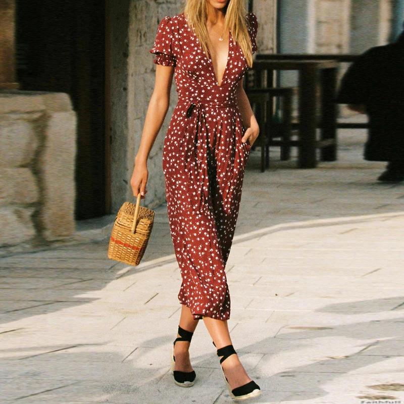 

Rompers Summer High Quality New Fashion Women'S Office Party Elegant Vintage Floral Casual V-Neck Belt Trousers Jumpsuits