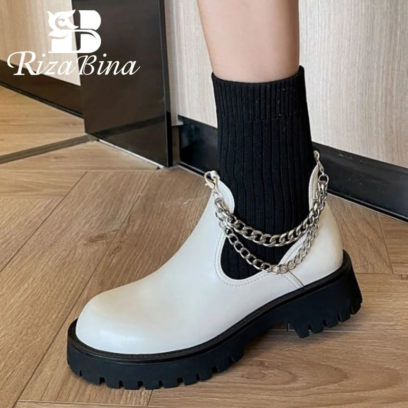 

RIZABINA 2022 Real Leather Women Shoes Ankle Boots For Women Platform Thick Heels Metal Chains Sock Short Boots Size 34-40