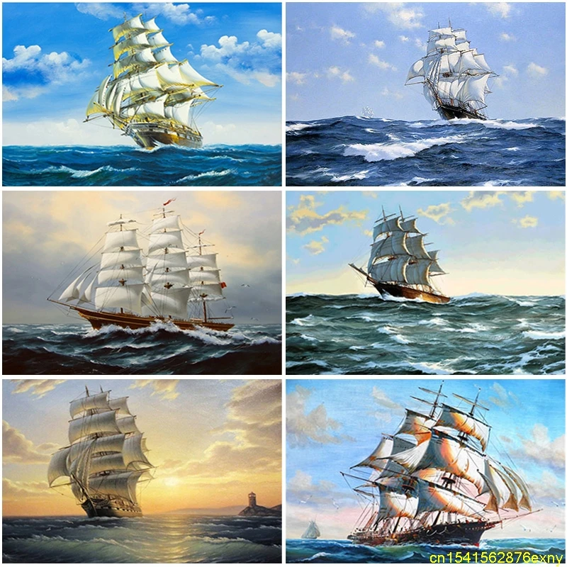 5D пейзаж алмазная живопись полный квадрат круглая морская лодка небо картина