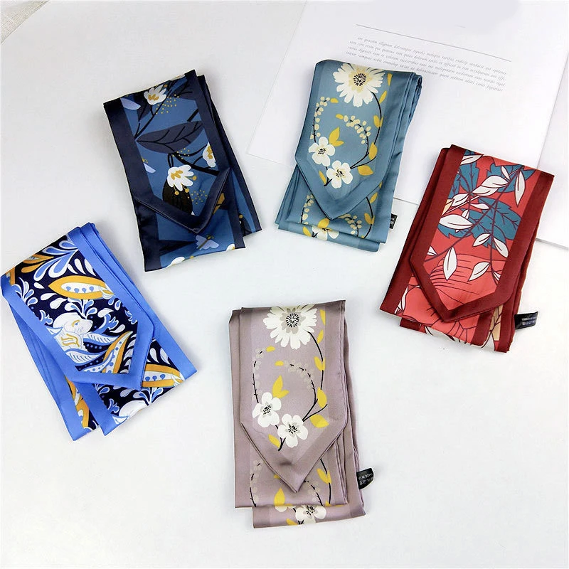 Цветочный принт Шелковый Атласный маленький шарф 7x92 см длинные скинни волосы