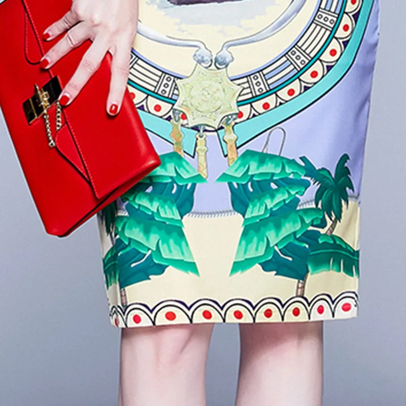 

Spring Female Printed 2pcs Suits Office Lady Regular Blouse Midi Skirt Set Vintage Print Blouse + Pencil Skirt Set Suit New